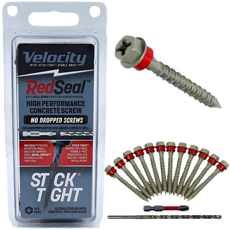 Phillips' Velocity 2 1/4 Concrete Screws Set with RedSeal Moisture Barrier (Hex Head, 1/4”) – 12 Pcs High-Performance Masonry Screws, Stick Tight Technology, 1 PSD ACR Drive Bit and 1 Carbide Concrete Drill Bit - Image 1