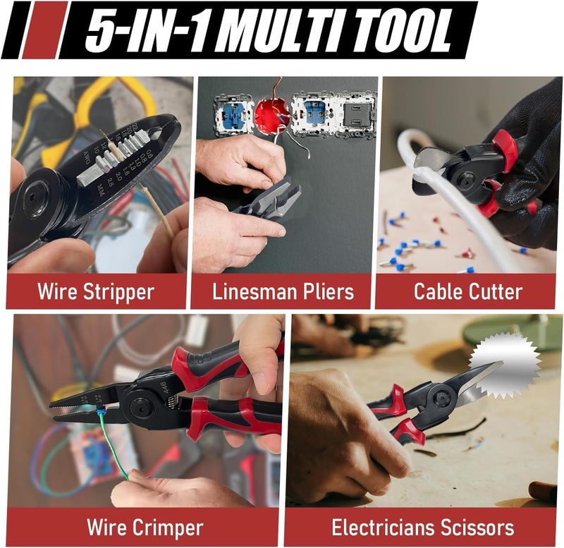 BELLOX ENTERPRISE 5 in 1 multifunctional Pliers Tool Kit With 5 Interchangeable Heads Special For Electricians Combination Lineman Pliers,Cable Cutting,Wire Stripping,Crimping Tools,Sheet Metal Shear with Storage Box - Image 5