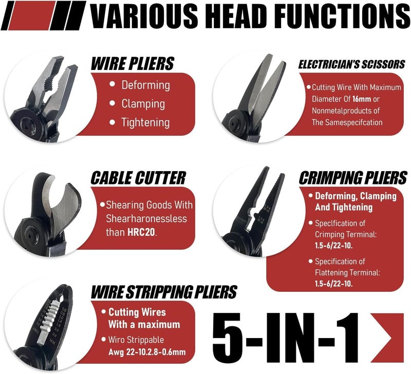 BELLOX ENTERPRISE 5 in 1 multifunctional Pliers Tool Kit With 5 Interchangeable Heads Special For Electricians Combination Lineman Pliers,Cable Cutting,Wire Stripping,Crimping Tools,Sheet Metal Shear with Storage Box - Image 4