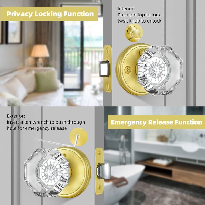 Clctk Gold Door Knob With Lock Octagon Crystal Glass Door Knobs For Interior Door Privacy Function Bathroom Bedroom Door Knobs Interior Satin Brass Finish - Image 5