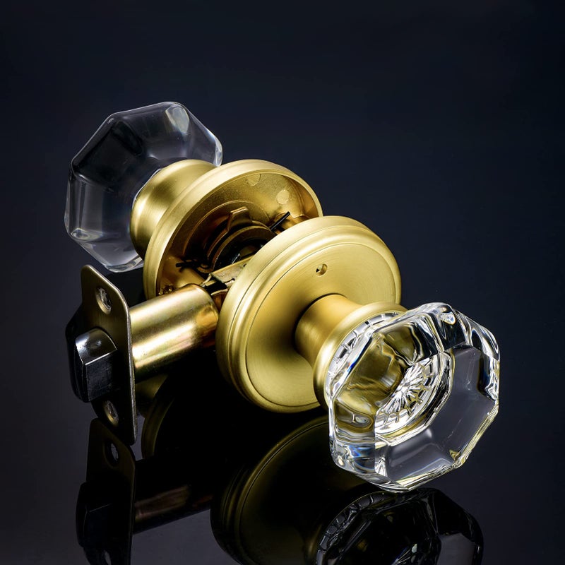 Clctk Gold Door Knob With Lock Octagon Crystal Glass Door Knobs For Interior Door Privacy Function Bathroom Bedroom Door Knobs Interior Satin Brass Finish - Image 2