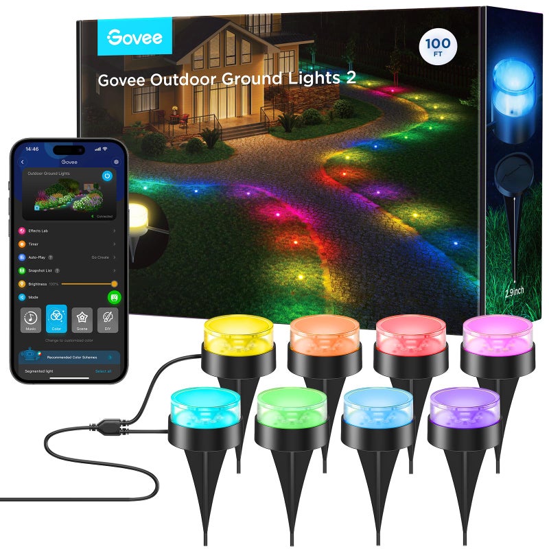 Govee Outdoor Ground Lights 2 100ft for Patio Decorations 30 Pack RGBIC Pathway with 100LM Warm White IP67 Waterproof for Garden Splitter Connector Works with Alexa Google Assistant