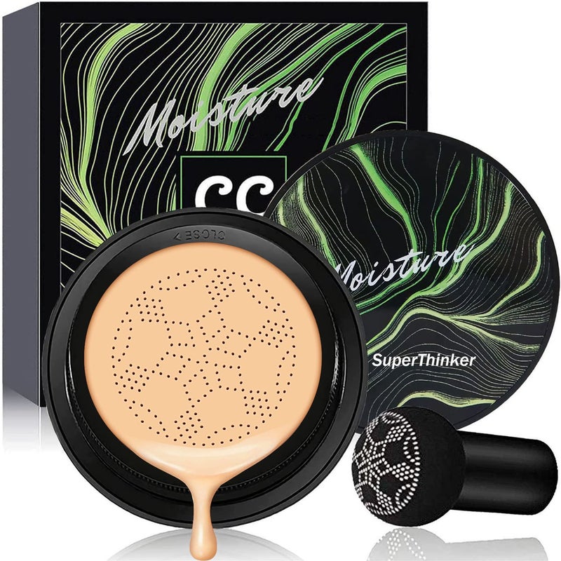 SuperThinker Air Cushion CC Cream Foundation Makeup, BB Cream Makeup, Color Correcting CC Cream, Tattoo cover up, Natural Full Coverage Foundation, Moisturizing Concealer Brighten,Even Skin Tone (Buff Beige) - Image 1