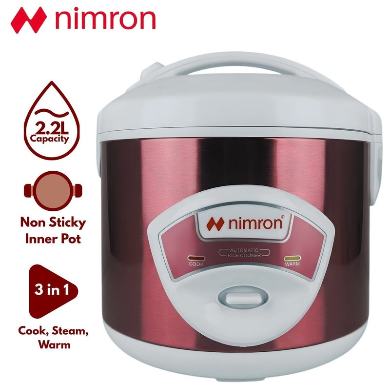 nimron Rice Cooker 2.2L 900W, Non-Stick Inner Pot, One-Touch Cooking, Automatic Keep Warm Function, Electric Rice Cooker with Steam Tray, Measuring Cup & Spatula – 12 Cups Capacity - Image 1