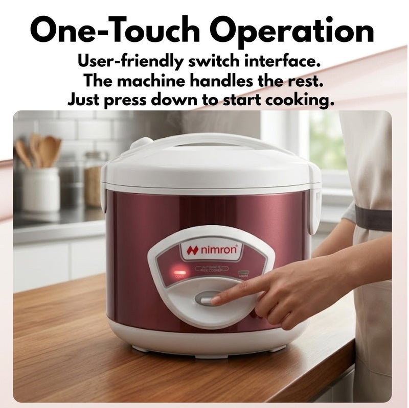 nimron Rice Cooker 2.2L 900W, Non-Stick Inner Pot, One-Touch Cooking, Automatic Keep Warm Function, Electric Rice Cooker with Steam Tray, Measuring Cup & Spatula – 12 Cups Capacity - Image 4