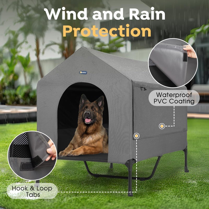 Veehoo 47" Dog House, 2-in-1 X-Large Dog House Outdoor Indoor Weatherproof, Outside Elevated Dog Cot Bed Dog Tent Shade, Three-Sided Breathable Mesh Windows and Sunshades, CWC2435CP - Image 3