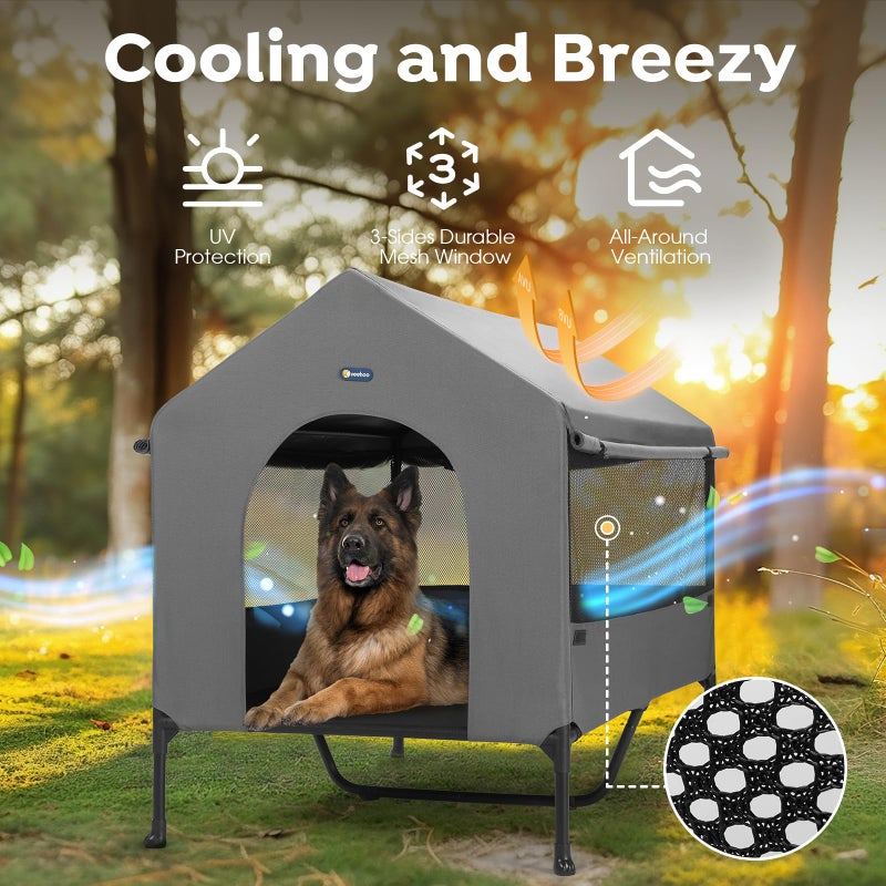 Veehoo 47" Dog House, 2-in-1 X-Large Dog House Outdoor Indoor Weatherproof, Outside Elevated Dog Cot Bed Dog Tent Shade, Three-Sided Breathable Mesh Windows and Sunshades, CWC2435CP - Image 2
