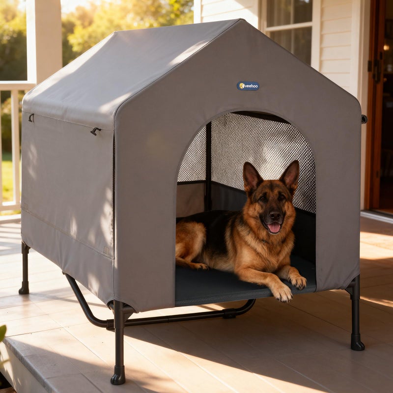 Veehoo 47" Dog House, 2-in-1 X-Large Dog House Outdoor Indoor Weatherproof, Outside Elevated Dog Cot Bed Dog Tent Shade, Three-Sided Breathable Mesh Windows and Sunshades, CWC2435CP - Image 1