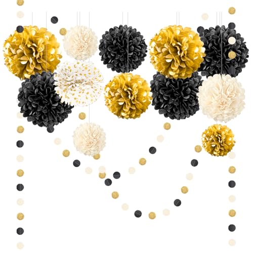 NICROLANDEE Black Gold Party Decorations 15 PCS Tissue Paper Pom Poms Kit for 2026 Graduation Party Decor Wedding Birthday Engagement Paper Garland Flower Ball Ceiling Wall Decor - Image 1