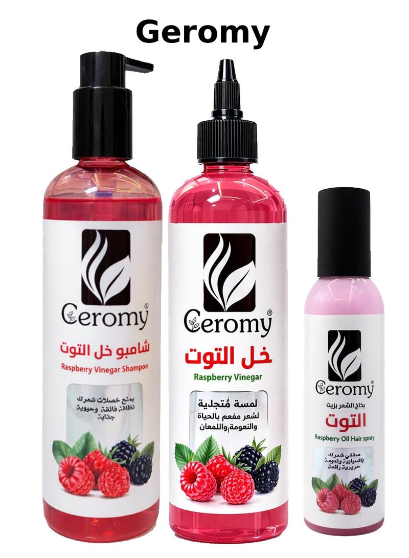 Geromy Raspberry Vinegar Hair Care Set (Raspberry Vinegar Shampoo + Hair Vinegar + Raspberry Oil Hair Spray) - 3 Pieces - Image 1