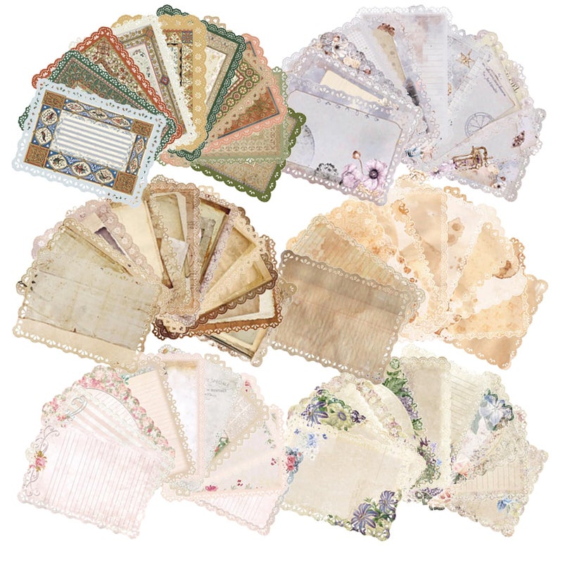 NPCSWXQ 60 Sheets Lace Trim Vintage Scrapbook Stationery Paper Set,for Letter Writing,Scrapbook paper, Junk Journal Supplies, Decoupage Card Making Supplies,And Mixed Media Collage Card 4.9x6.9In - Image 2