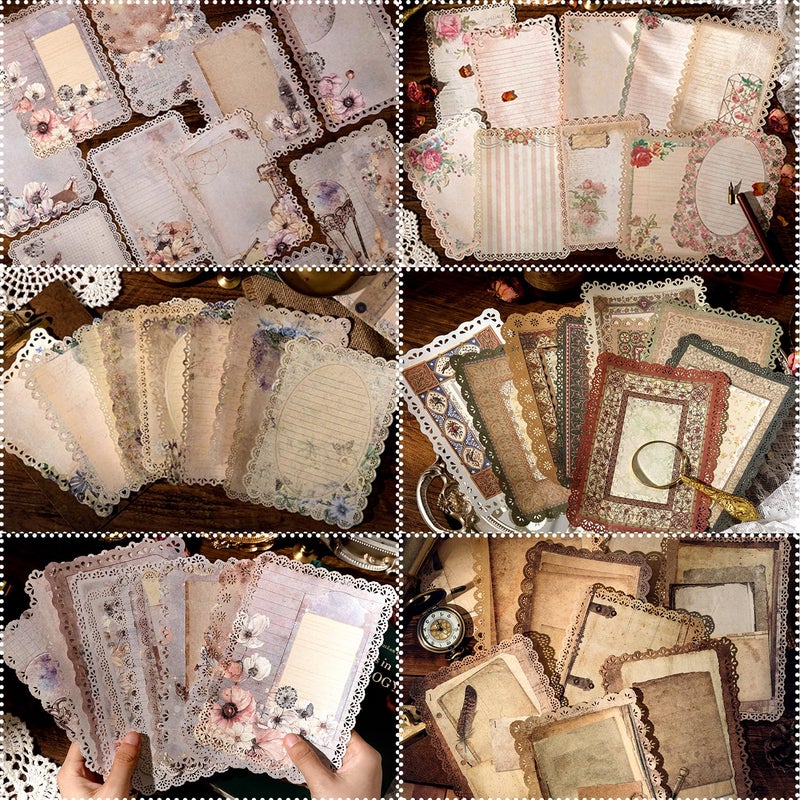 NPCSWXQ 60 Sheets Lace Trim Vintage Scrapbook Stationery Paper Set,for Letter Writing,Scrapbook paper, Junk Journal Supplies, Decoupage Card Making Supplies,And Mixed Media Collage Card 4.9x6.9In - Image 1