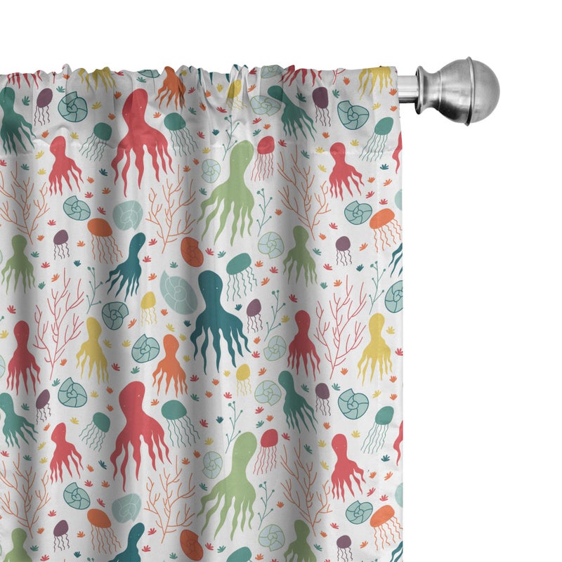 Ambesonne Octopus Curtains  Ocean Themed Animals and Plants Jellyfish Shellfish Colorful Doodle Style Design  Window Treatments 2 Panel Set for Living Room Bedroom  Pair of - 28"" x 63""  Teal Green - Image 1