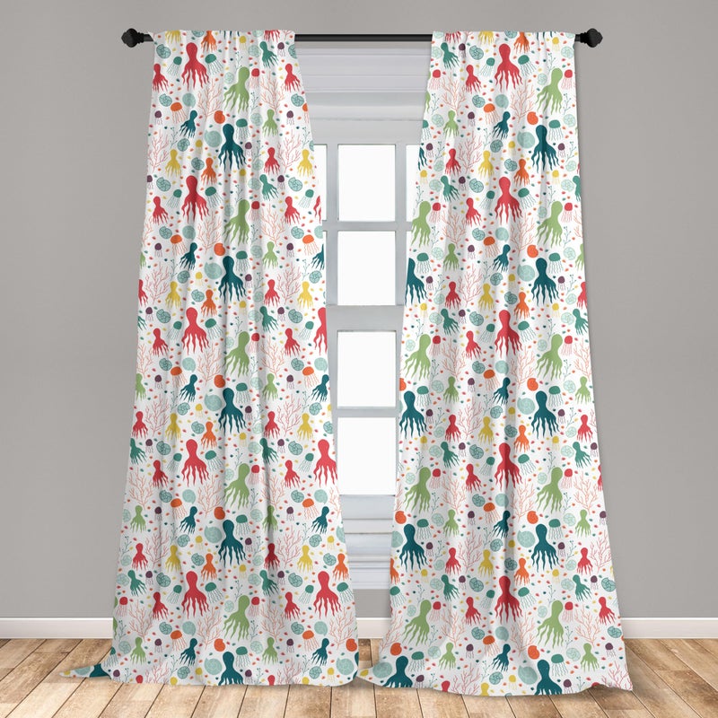 Ambesonne Octopus Curtains  Ocean Themed Animals and Plants Jellyfish Shellfish Colorful Doodle Style Design  Window Treatments 2 Panel Set for Living Room Bedroom  Pair of - 28"" x 63""  Teal Green - Image 3