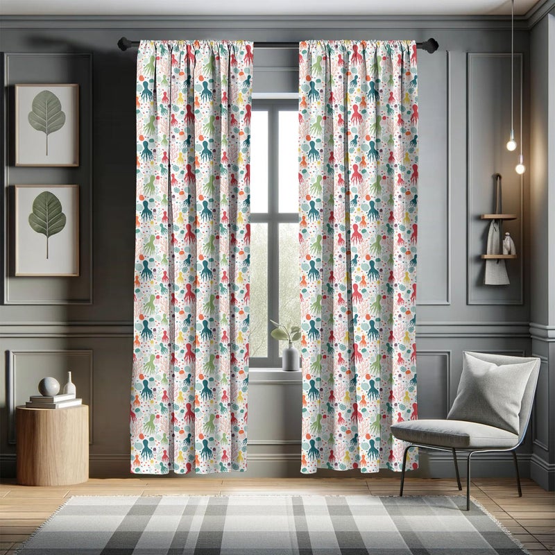 Ambesonne Octopus Curtains  Ocean Themed Animals and Plants Jellyfish Shellfish Colorful Doodle Style Design  Window Treatments 2 Panel Set for Living Room Bedroom  Pair of - 28"" x 63""  Teal Green - Image 5