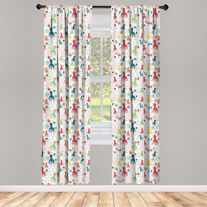Ambesonne Octopus Curtains  Ocean Themed Animals and Plants Jellyfish Shellfish Colorful Doodle Style Design  Window Treatments 2 Panel Set for Living Room Bedroom  Pair of - 28"" x 63""  Teal Green - Image 2