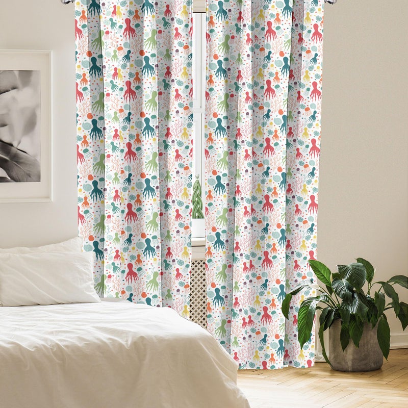Ambesonne Octopus Curtains  Ocean Themed Animals and Plants Jellyfish Shellfish Colorful Doodle Style Design  Window Treatments 2 Panel Set for Living Room Bedroom  Pair of - 28"" x 63""  Teal Green - Image 4