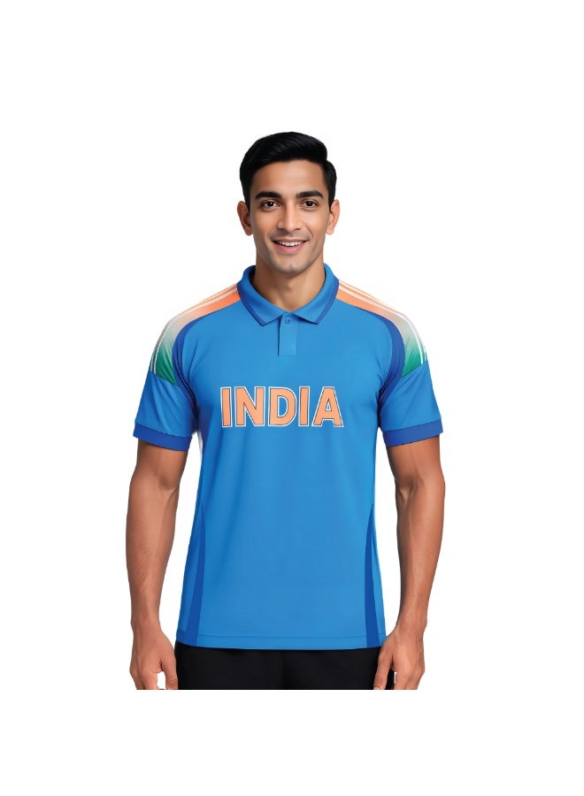 PRINTSHOP4ME India Sports Men’s T-Shirt – Blue Dry-Fit Cricket Jersey With Short Sleeves And Collared Neck – Ideal Sportswear For Cricket Practice,Team Activities And Daily Wear