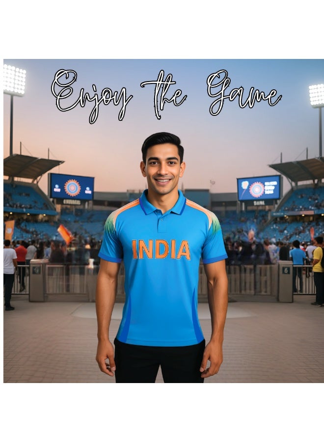 India Sports Men’s T-Shirt – Blue Dry-Fit Cricket Jersey With Short Sleeves And Collared Neck – Ideal Sportswear For Cricket Practice,Team Activities And Daily Wear image 7