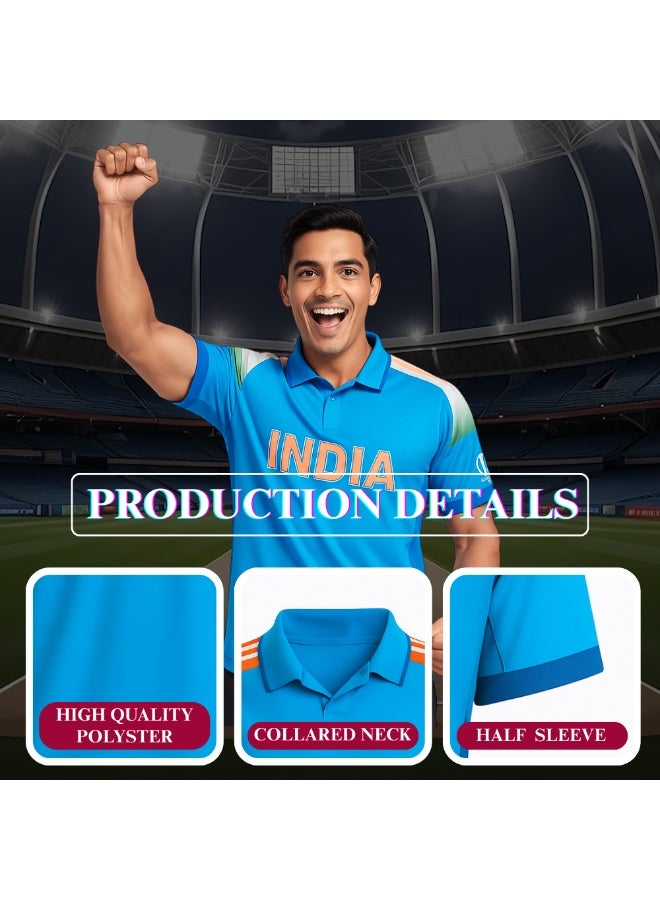 India Sports Men’s T-Shirt – Blue Dry-Fit Cricket Jersey With Short Sleeves And Collared Neck – Ideal Sportswear For Cricket Practice,Team Activities And Daily Wear image 4
