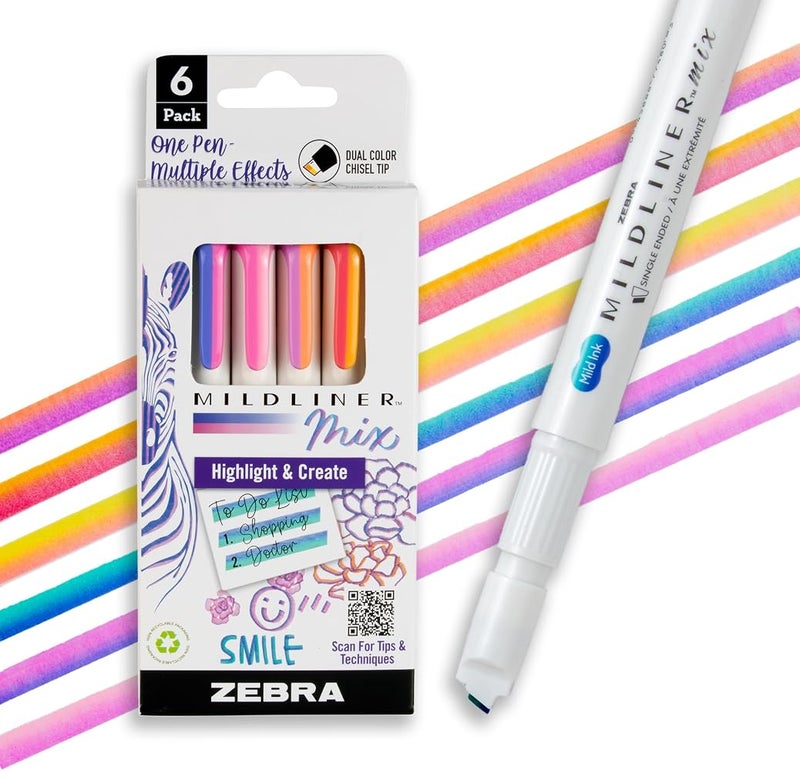 Zebra Pen Mildliner Mix Dual Color Highlighter Marker Set, Chisel Tip, Ideal for Bible Highlighting, No Bleed, Assorted Colors, 6-Pack (77706) - Image 1
