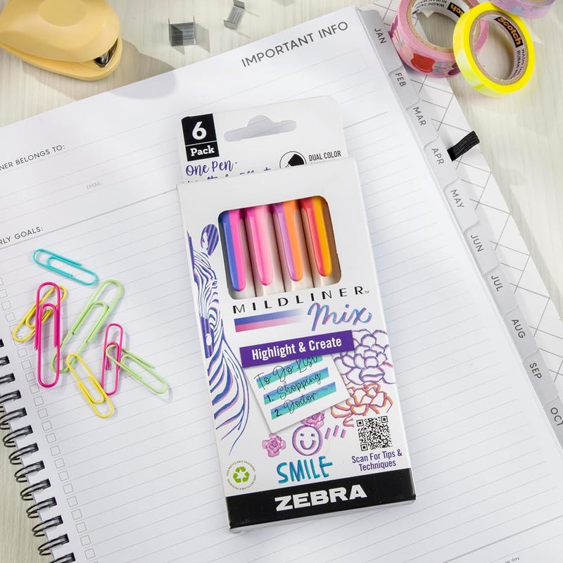 Zebra Pen Mildliner Mix Dual Color Highlighter Marker Set, Chisel Tip, Ideal for Bible Highlighting, No Bleed, Assorted Colors, 6-Pack (77706) - Image 2