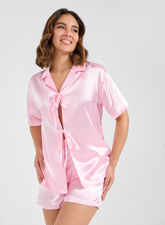 Styli Solid Satin Tie Front Shirt & Short Set  - Image 1