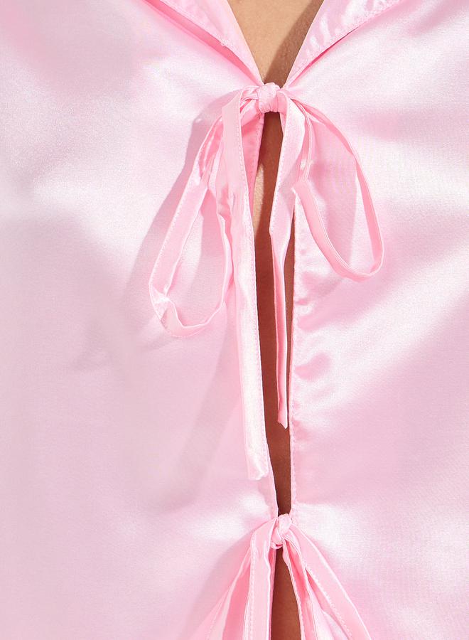 Styli Solid Satin Tie Front Shirt & Short Set  - Image 3