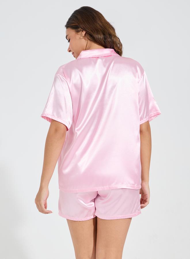 Styli Solid Satin Tie Front Shirt & Short Set  - Image 5