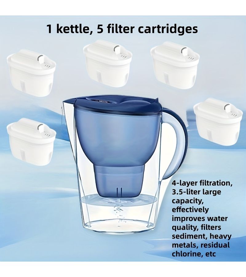 Household Water Filter Pitcher 118 35oz Capacity Blue with 5 Replacement Filter Cartridges Removes Sediment Impurities Rust Hair Limescale Alkalinity Chlorine and Other Contaminants from Tap Water