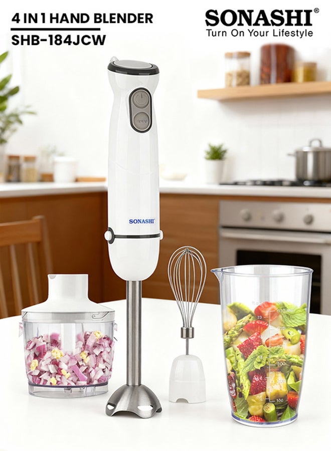 SONASHI 4-in-1 Hand Blender Chopper Whisker Mixer | Durable Stainless Steel Blade & Removable Stick | Comes with 600ml Plastic Jar, 500ml Chopper and Blending Wand | Power Watt 400 SHB-184JCW White - Image 1