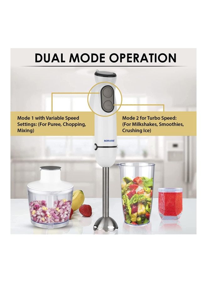 SONASHI 4-in-1 Hand Blender Chopper Whisker Mixer | Durable Stainless Steel Blade & Removable Stick | Comes with 600ml Plastic Jar, 500ml Chopper and Blending Wand | Power Watt 400 SHB-184JCW White - Image 5