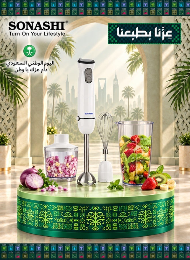 سوناشي طقم خلاط يدوي 4 في 1 يوضع على المنضدة مزود بمفرمة/دورق معاير وخفاقة سعة 600 مل وقدرة 400 واط SHB-184JCW أبيض SHB-184JCW أبيض - Image 1