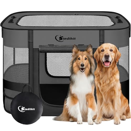 Siedihit Dog PlaypenCat Pet Puppy PenPortable Playpens for Dogs Indoor Outdoor Travel Camping UseFoldable Dog Kennel Tent Crate for Rabbit Small Animals with Carrying Case Dark Grey Large - Image 1
