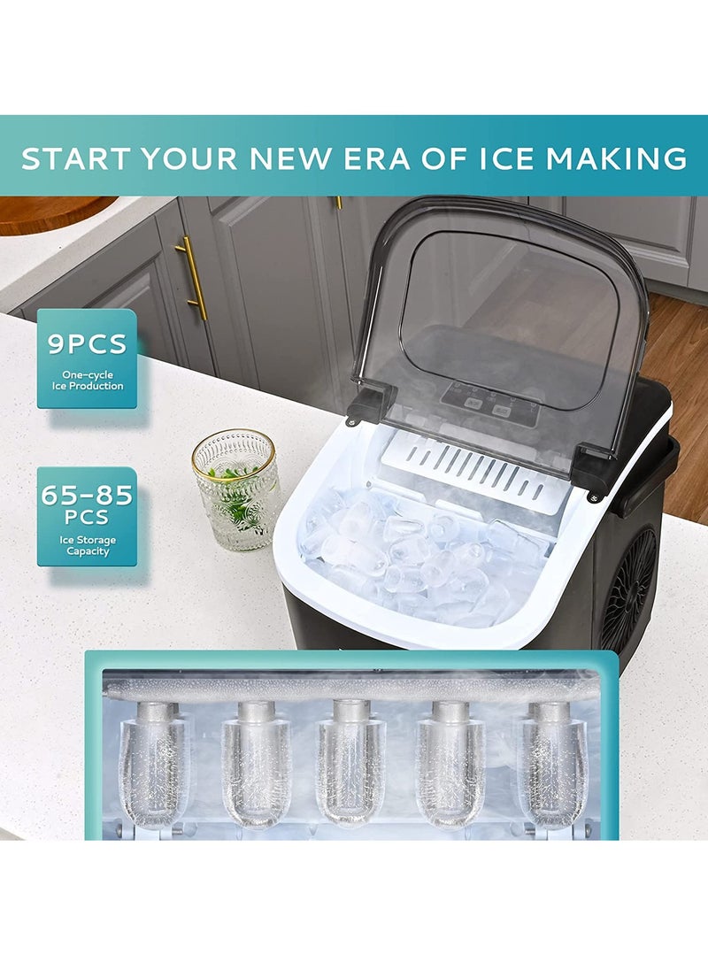 ET-LIFE - Ice Maker Countertop with Handle, Self-Cleaning Ice Maker with Scoop and Basket, 9 Cubes in 6 Mins, 15Kg/24H, Portable Small Ice Machine with Scoop and Basket for Home kitchen Office Party - Image 1