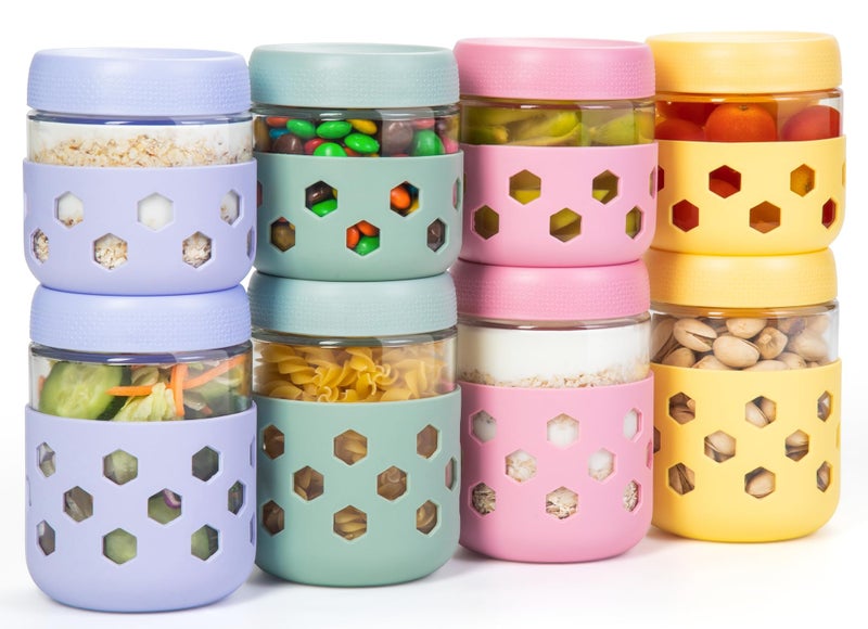 Gemice 8-Pack 16oz & 10oz Overnight Oats Containers with Lids & Silicone Sleeves, Glass Mason Jars with Airtight Lid, Wide Mouth Chia Seed Pudding Meal Prep Jar for Yogurt Berries Snack - Image 1