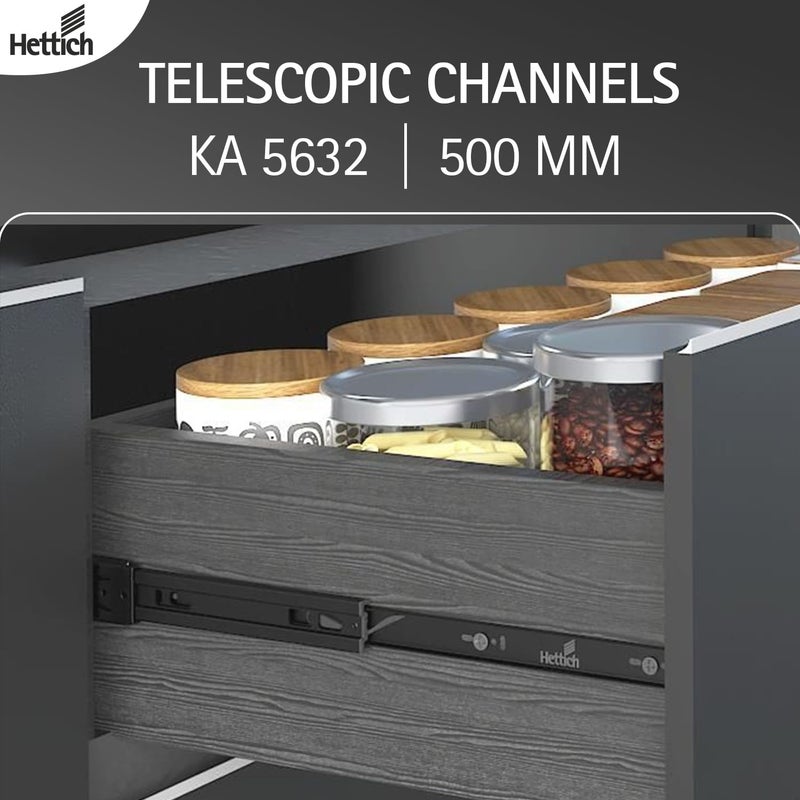 Hettich قناة درج تلسكوبية KA 5632/500 مم بتشطيب زنك | الطول - 19 بوصة (زوج) | سعة 45 كجم، لدرج في مطبخ المنزل أو خزانة الملابس (عبوة من 1)  - Image 4