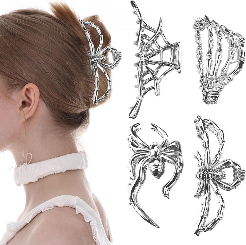 4 Pieces Large Alloy Spider Web Hair Claw Clips Metal Skeleton Hand Hair Clips Strong Hold Jaw Clips Nonslip Punk Gothic Hair Clamps for Women Girls Halloween Thin Thick Hair Sliver