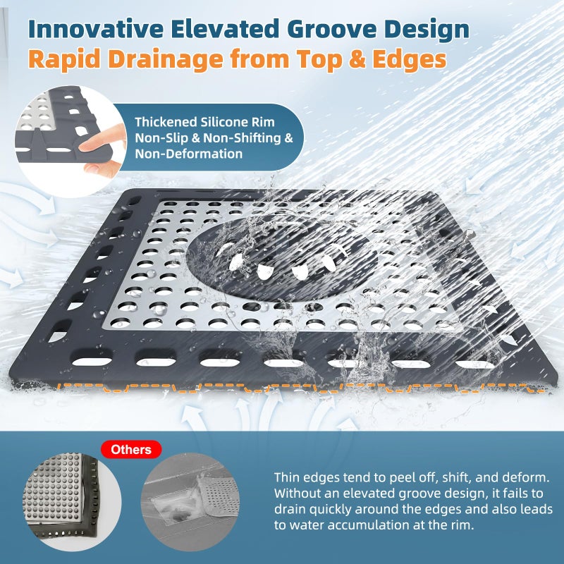 Hibbent Upgraded Shower Drain Hair Catcher for Bathroom Floor 4" Drain, Anti-Clogging Shower Drain Cover, Stainless Steel & Silicone Drain Strainer with Handle, Shower Drain Protector, Dark Grey - Image 4