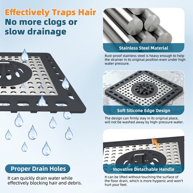 Hibbent Upgraded Shower Drain Hair Catcher for Bathroom Floor 4" Drain, Anti-Clogging Shower Drain Cover, Stainless Steel & Silicone Drain Strainer with Handle, Shower Drain Protector, Dark Grey - Image 2
