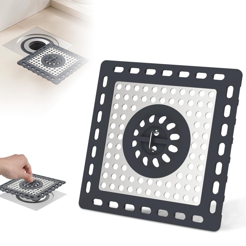 Hibbent Upgraded Shower Drain Hair Catcher for Bathroom Floor 4" Drain, Anti-Clogging Shower Drain Cover, Stainless Steel & Silicone Drain Strainer with Handle, Shower Drain Protector, Dark Grey - Image 1