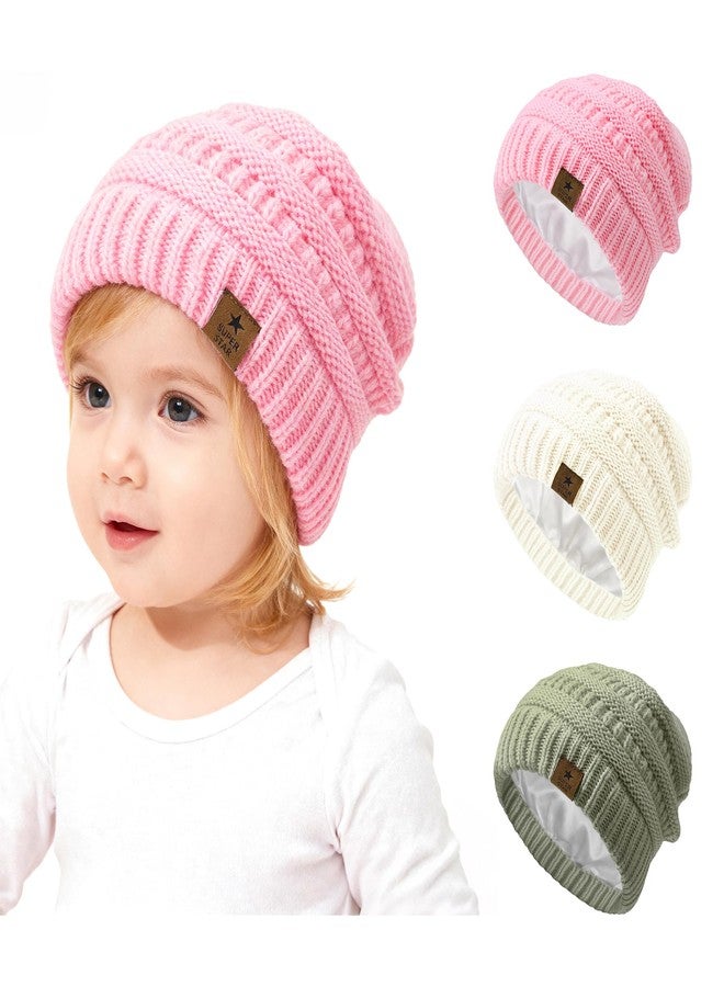 Zando قبعة شتوية للأطفال من زاندو - 3 عبوات، قبعة صوفية دافئة وناعمة وسميكة، قبعة سلكية للأطفال من 6-36 شهر، باللون الأبيض والوردي والرمادي - Image 1