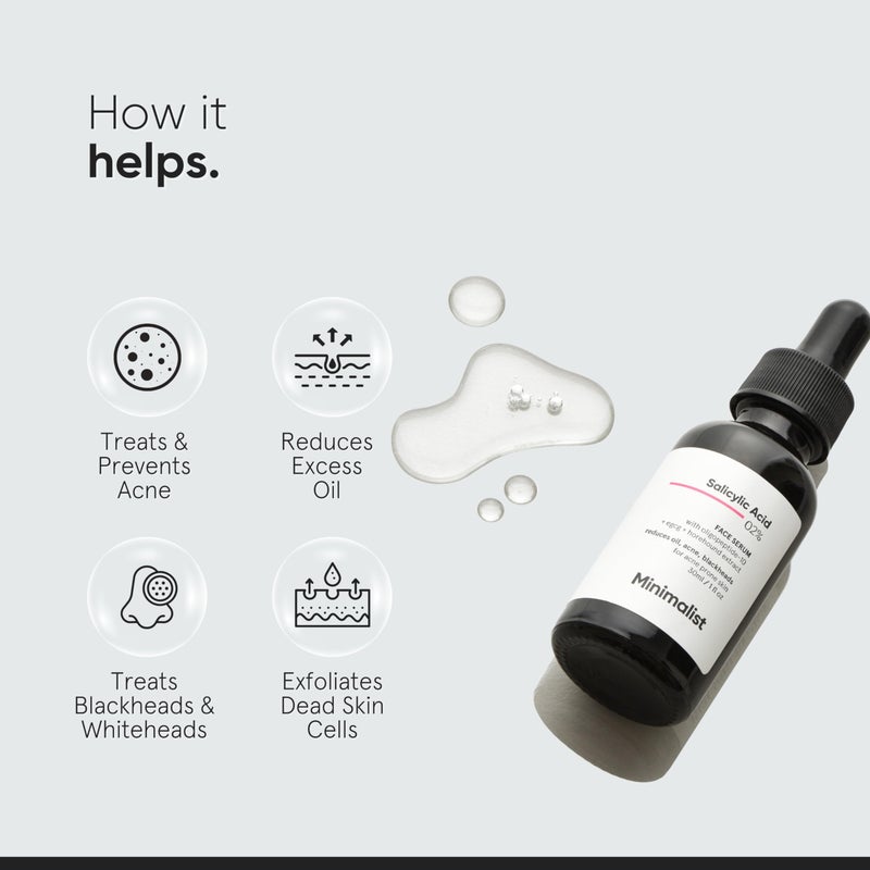 Minimalist Salicylic Acid 2% Serum For Acne, Blackhead & Open Pores | Reduces Excess Oil & Bumpy Texture | BHA Liquid Exfoliant for Acne Prone & Oily Skin | For Women & Men | 1 Fl Oz/30ml - Image 3