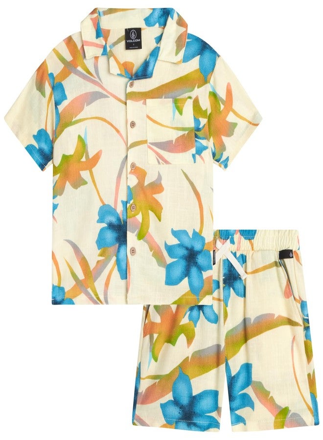 Volcom Toddler Boy Shorts Set - 2 Piece Short Sleeve Button Down Hawaiian Shirt & Matching Shorts, Little Boys Summer Outfits, Size 4, Cloud - Image 1
