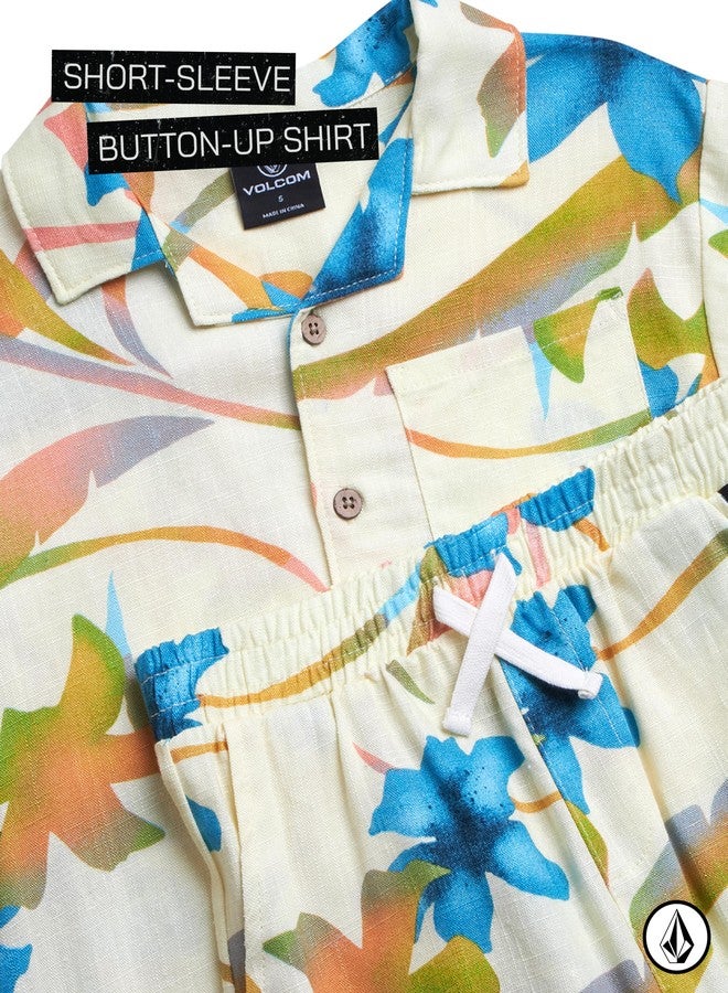 Volcom Toddler Boy Shorts Set - 2 Piece Short Sleeve Button Down Hawaiian Shirt & Matching Shorts, Little Boys Summer Outfits, Size 4, Cloud - Image 3