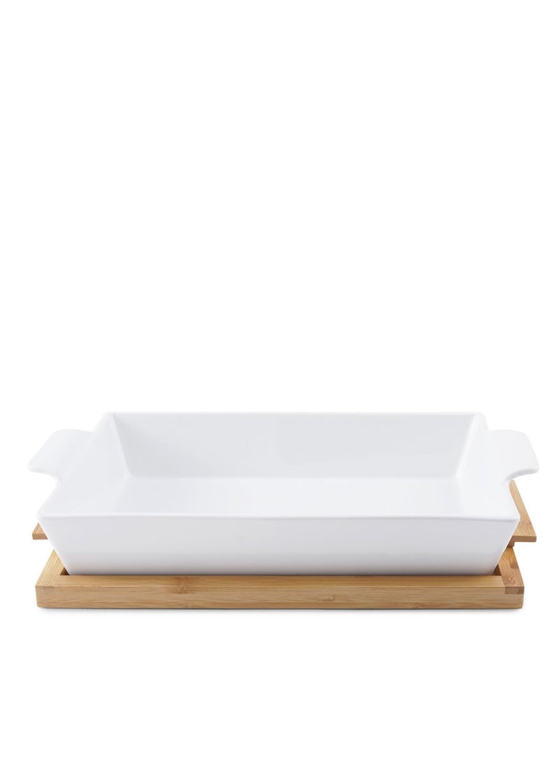 Pan Home صينية خبز مستطيلة الشكل من ناتورا مع غطاء من الخيزران، سعة 1.4 لتر، أبيض - Image 1