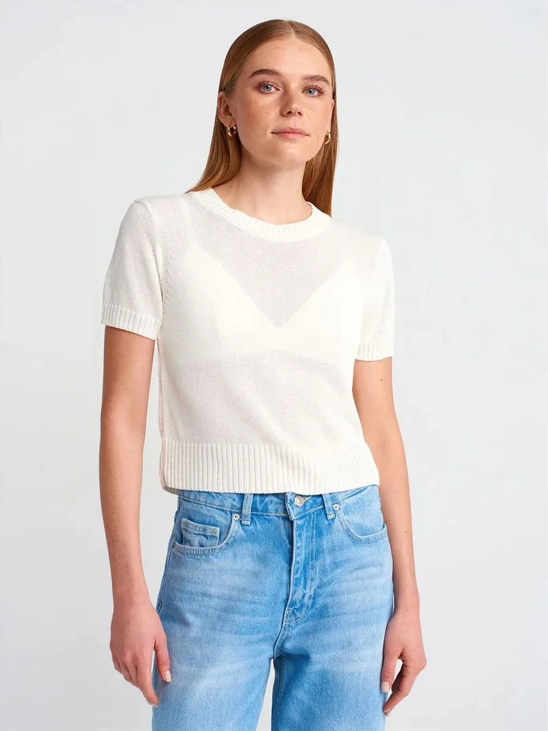ديلفين Dilvin Women's Ribbed Crew Neck Short-sleeve Sweater