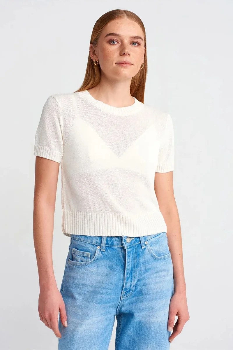 DILVIN Women's Ribbed Crew Neck Short-sleeve Sweater