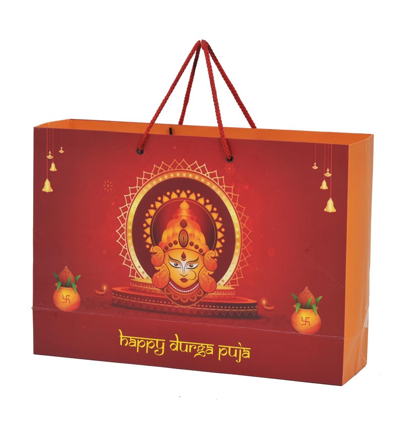 PPJ ® -HAPPY DURGA PUJA / NAVRATRI / DURGA ASHTMI / DURGOTSAVA/ DURGA MAHOTSAV (10 Pcs.) PAPER CARRY BAG, 10 Inch X 14 Inch X 4 Inch for HOLI FUNCTION/ /RETURN GIFTS/ DIWALI /GANESH CHATURTHI / GANPATI GIFT BAGS/GIFT COVERS(Pack of 10) - Image 1