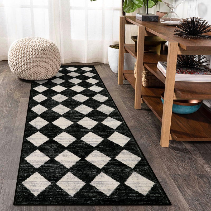 Lahome Moroccan Trellis Runner Rug 2x6 Washable Black Bathroom Runner Rug Laundry Room Carpet Runners Modern Soft Non Slip Indoor Floor Accent Mat for Bedside Kitchen Hall Bar Entryway RV